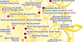 Grafik: Jörg Block www.joergblock.de gelbe Landkarte von Deutschland mit Orten, an denen Klassikfestivals im Sommer stattfinden
